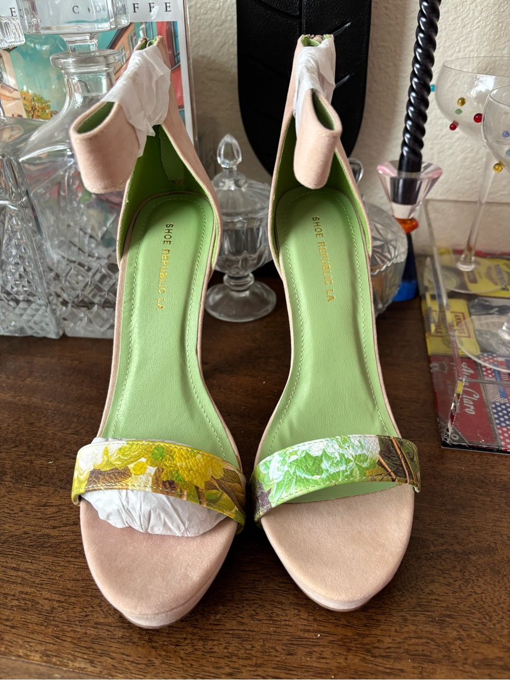 Shoe Republic LA Tan Ankle-Strap Heels with Green Insole and Floral Front Strap
